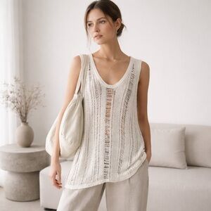 Alexander Wang Open Knit Sleeveless Tunic Sweater Cream Medium